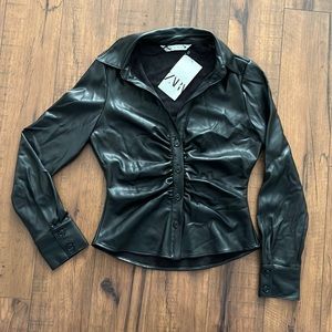 ZARA leather rouged button down top
